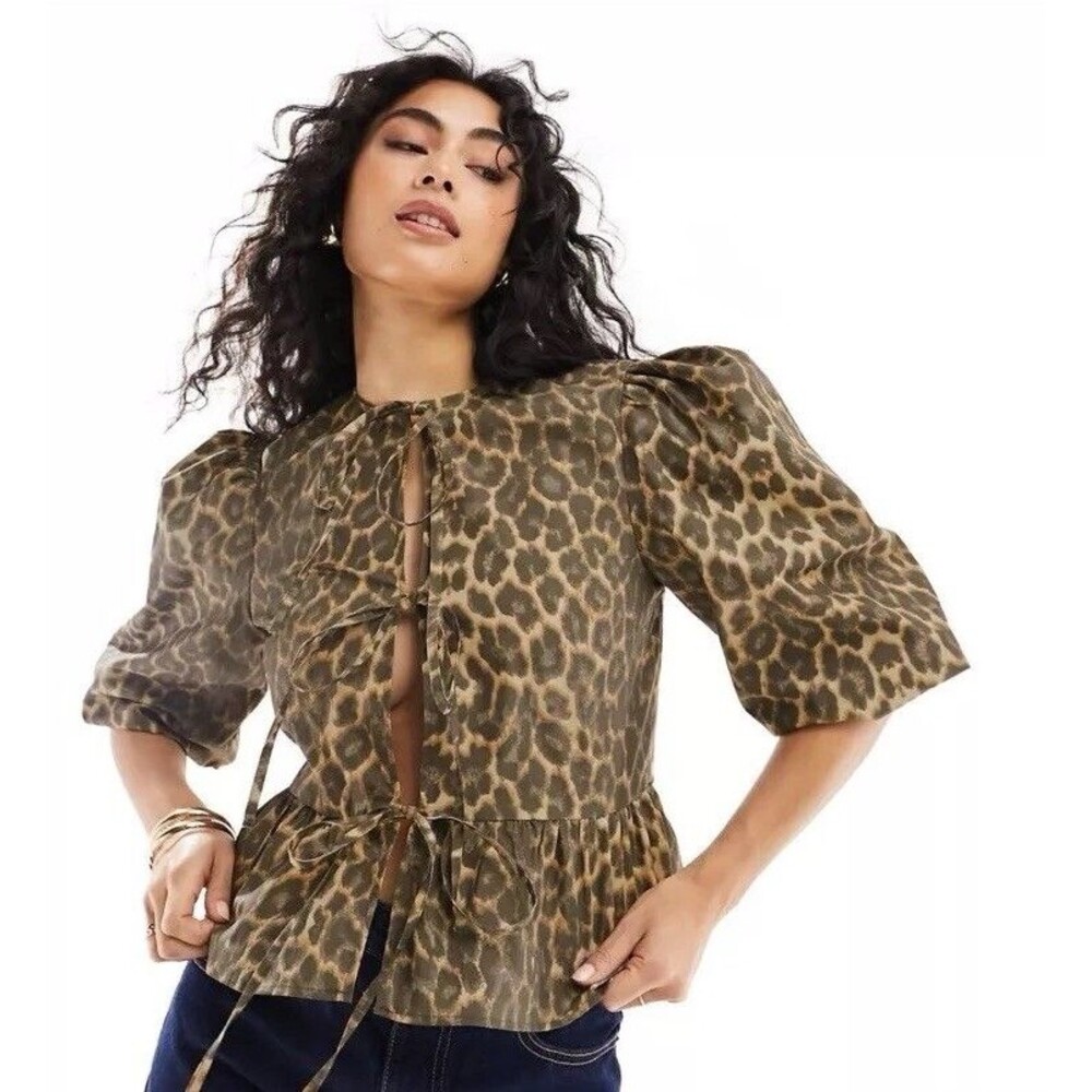Asos Sz Mediu Tie Front Leopard Print Cotton Peplum Babydoll Top Puff Sleeve NWT - Picture 10 of 11